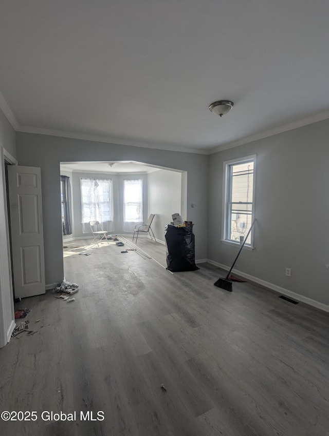 interior space with ornamental molding and wood-type flooring