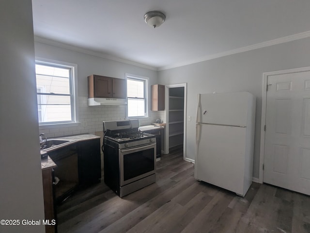 kitchen with stainless steel gas range, sink, ornamental molding, dark hardwood / wood-style floors, and white fridge