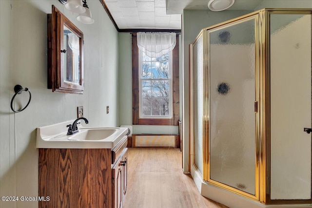 bathroom featuring hardwood / wood-style floors, vanity, and walk in shower