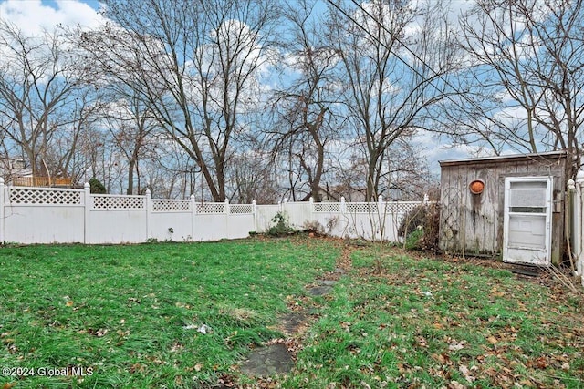 view of yard featuring a storage shed