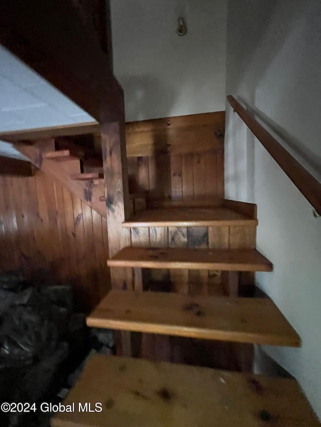 staircase with wood walls