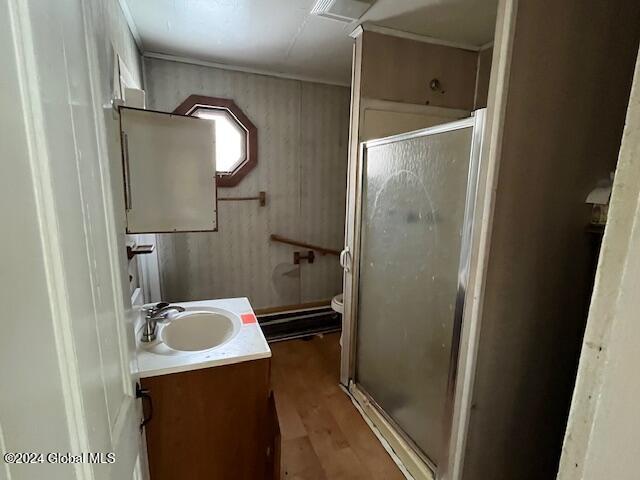 bathroom featuring a shower with door, vanity, wood-type flooring, and toilet