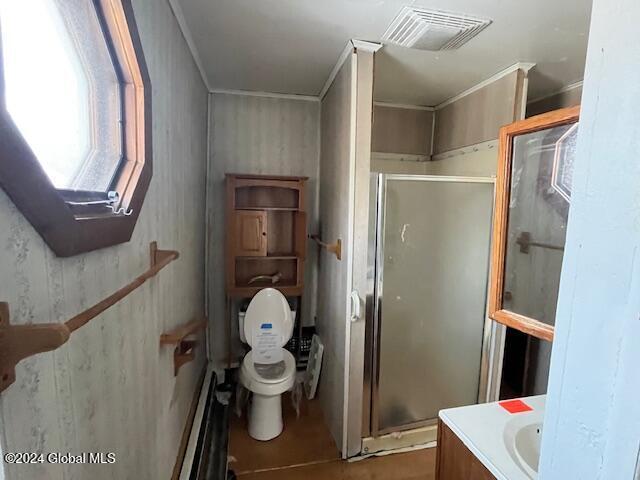 bathroom featuring vanity, toilet, ornamental molding, and walk in shower