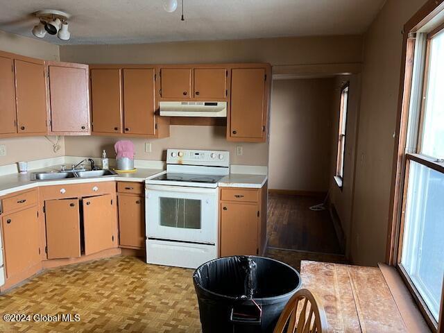 kitchen featuring light brown cabinetry, electric range, light hardwood / wood-style flooring, and sink