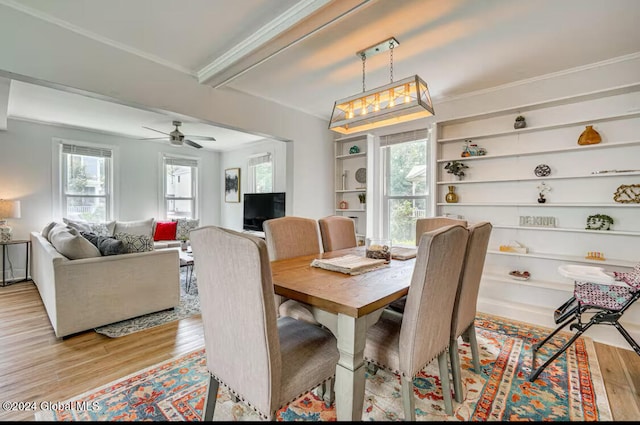 dining space featuring beam ceiling and light hardwood / wood-style floors