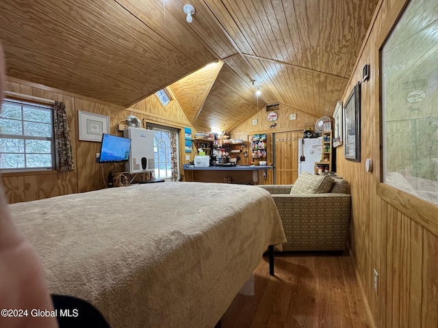 bedroom featuring hardwood / wood-style floors, wood walls, wooden ceiling, and vaulted ceiling