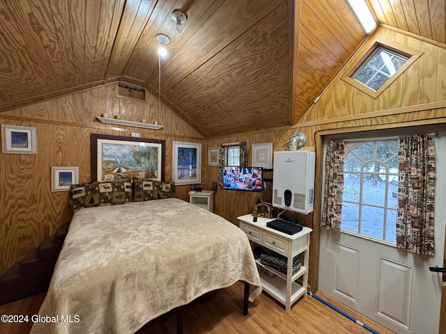 bedroom with hardwood / wood-style flooring, lofted ceiling, wood ceiling, and wooden walls