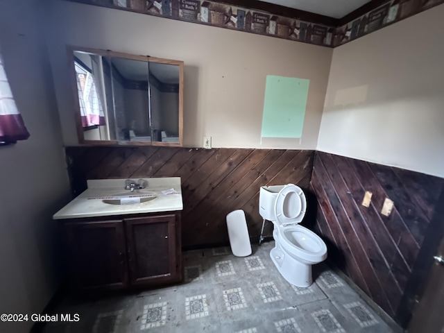 bathroom with wooden walls, vanity, and toilet