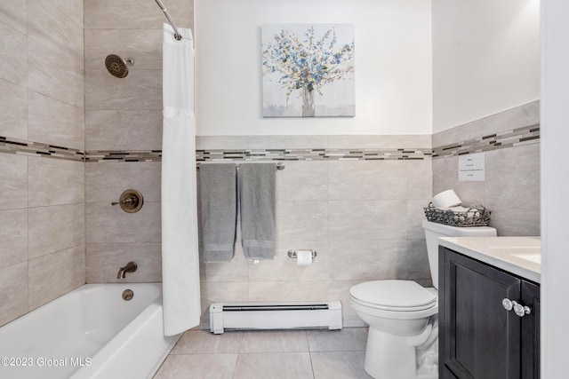 full bathroom featuring a baseboard radiator, shower / bath combo, tile patterned flooring, toilet, and tile walls