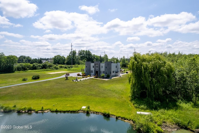 bird's eye view with a water view