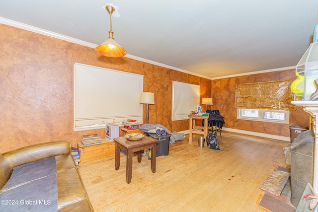 game room featuring crown molding and wood-type flooring