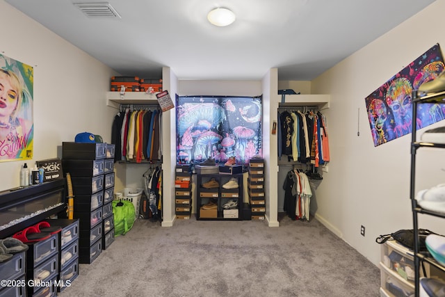 walk in closet with light colored carpet