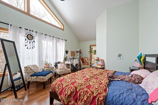 bedroom featuring wood-type flooring and high vaulted ceiling