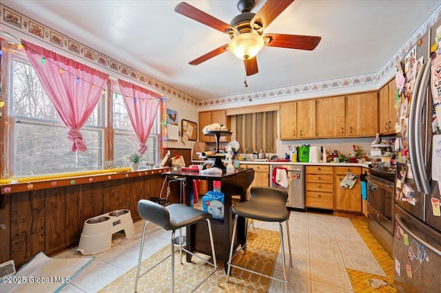 kitchen with stainless steel appliances and ceiling fan