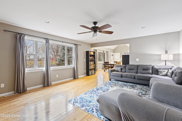 living room with ceiling fan and light wood-type flooring