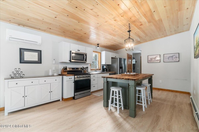 kitchen with a wall mounted air conditioner, wooden counters, appliances with stainless steel finishes, white cabinetry, and a breakfast bar area