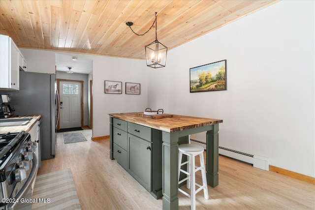 kitchen with wooden counters, pendant lighting, wooden ceiling, white cabinets, and a kitchen island