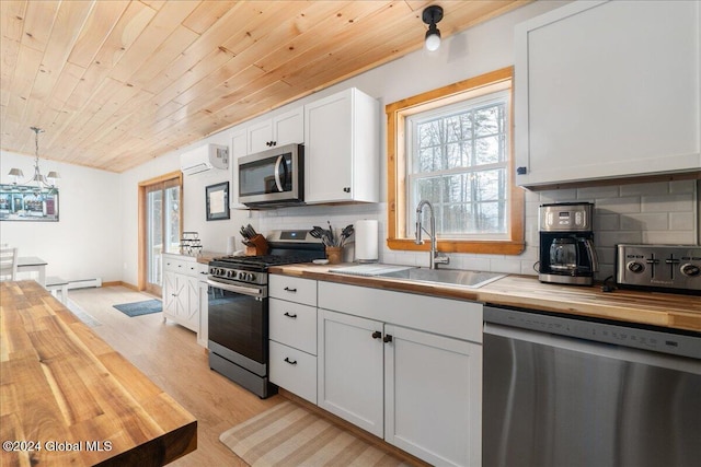 kitchen with wooden counters, decorative light fixtures, stainless steel appliances, and wooden ceiling