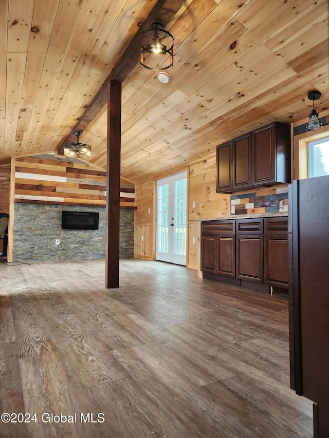 kitchen with hardwood / wood-style floors, lofted ceiling, french doors, dark brown cabinets, and wood ceiling