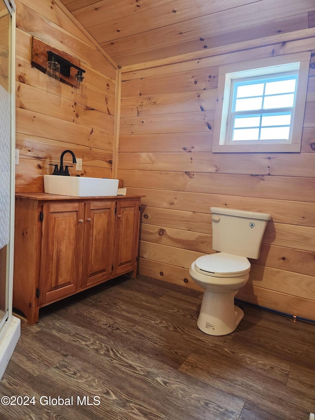 bathroom featuring vanity, wood walls, toilet, and wood ceiling