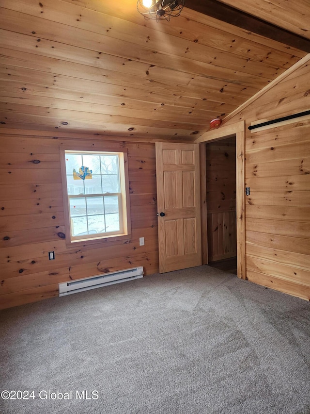 additional living space featuring a baseboard heating unit, wood ceiling, wooden walls, and vaulted ceiling