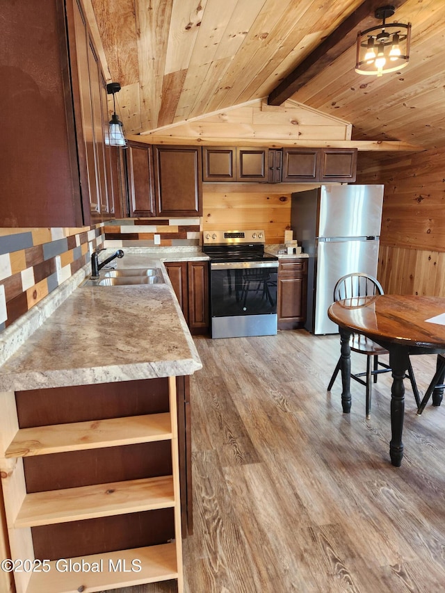 kitchen with appliances with stainless steel finishes, wood ceiling, sink, decorative light fixtures, and vaulted ceiling with beams