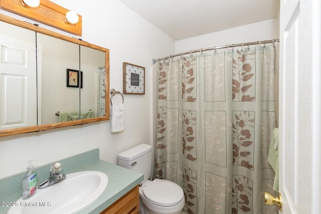 bathroom with vanity, toilet, and walk in shower