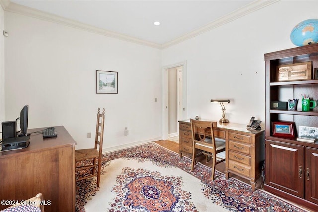 home office featuring crown molding