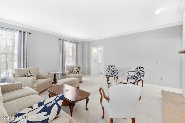 living room with light colored carpet, ornamental molding, and a wealth of natural light