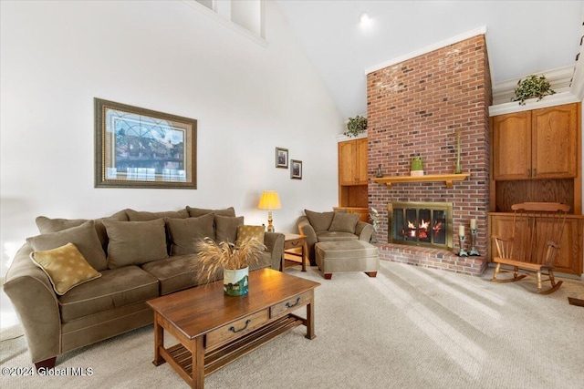 carpeted living room featuring high vaulted ceiling and a brick fireplace