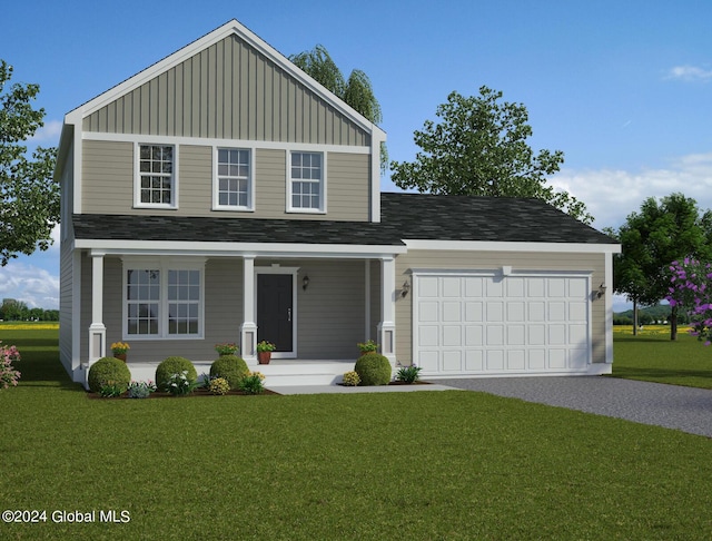 front of property featuring a porch, a garage, and a front lawn