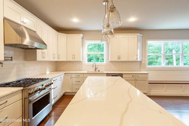 kitchen featuring ventilation hood, white cabinetry, light stone counters, and high end stove