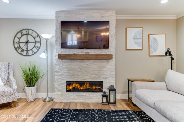 living room with wood-type flooring, crown molding, and a stone fireplace