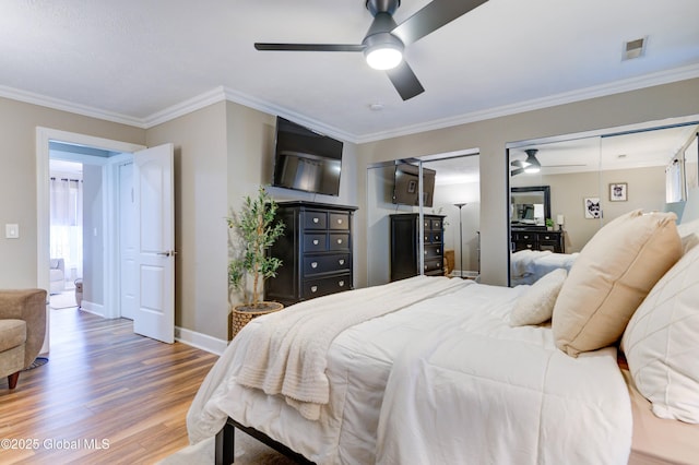 bedroom with ceiling fan, ornamental molding, two closets, and wood-type flooring