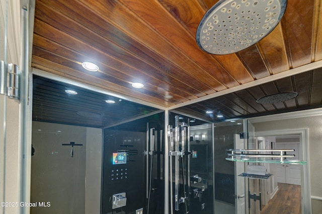 details featuring wooden ceiling and hardwood / wood-style flooring