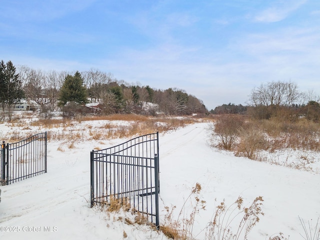 view of snow covered gate