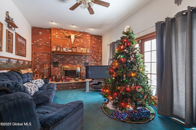 living room featuring ceiling fan, carpet floors, and a brick fireplace