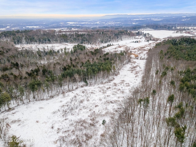 snowy aerial view featuring a mountain view