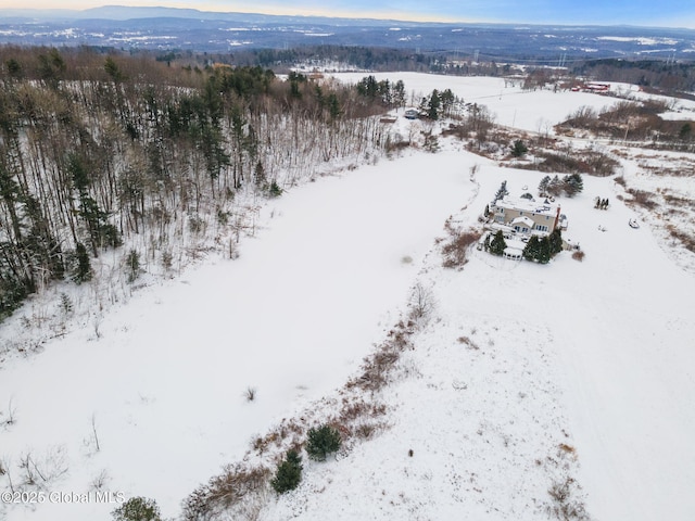 snowy aerial view with a mountain view