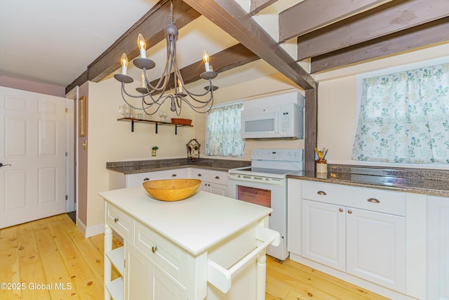 kitchen featuring white cabinetry, a notable chandelier, white appliances, and light wood-type flooring