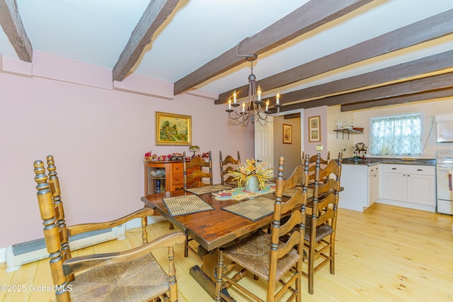 dining space with beamed ceiling, a notable chandelier, a baseboard heating unit, and light hardwood / wood-style flooring