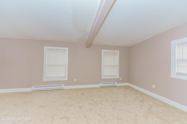 unfurnished room with beamed ceiling, light carpet, and a baseboard radiator