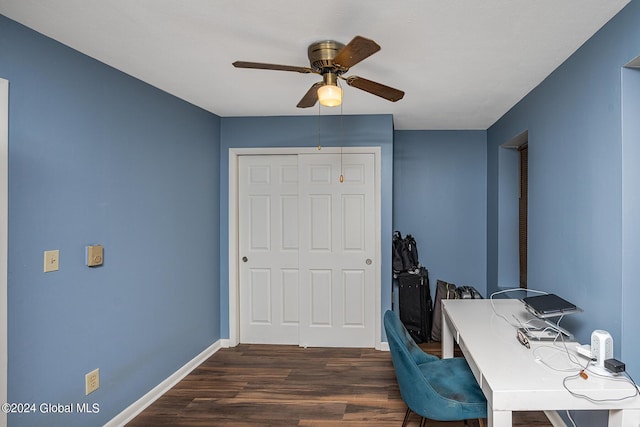 office area featuring ceiling fan and dark wood-type flooring