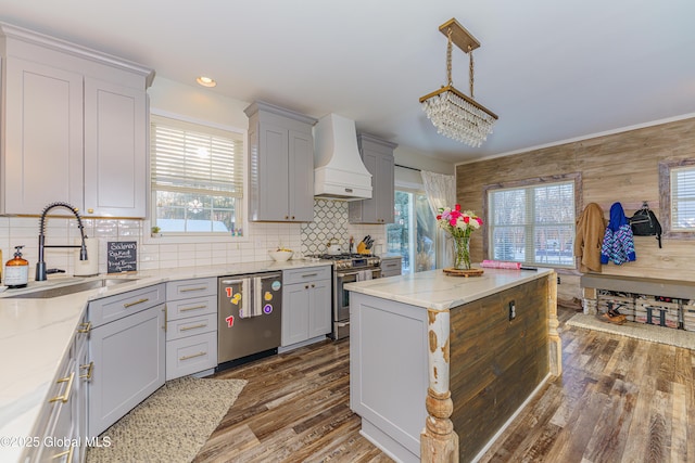 kitchen with custom range hood, appliances with stainless steel finishes, a sink, decorative backsplash, and a kitchen island
