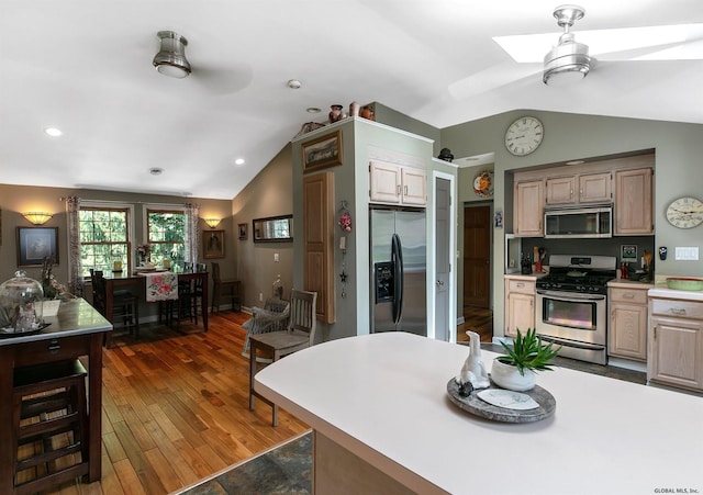 kitchen with ceiling fan, dark hardwood / wood-style floors, appliances with stainless steel finishes, and vaulted ceiling with skylight