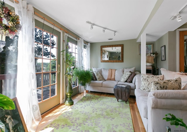 living room with light hardwood / wood-style floors and rail lighting