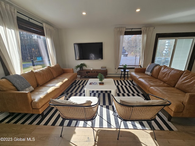 living room with plenty of natural light, a baseboard heating unit, and light hardwood / wood-style flooring