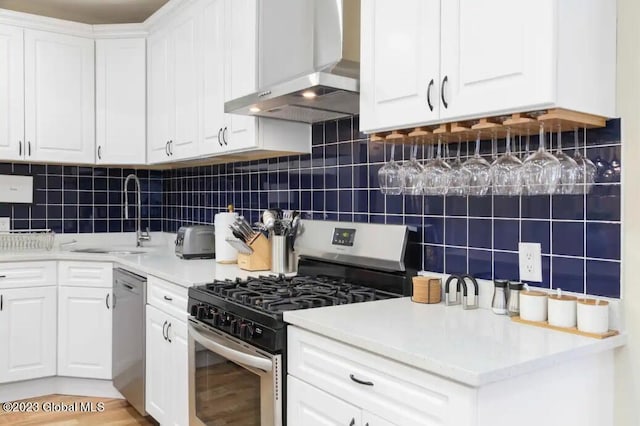 kitchen featuring wall chimney range hood, sink, tasteful backsplash, white cabinetry, and stainless steel appliances