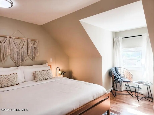 bedroom featuring light hardwood / wood-style floors and a baseboard heating unit