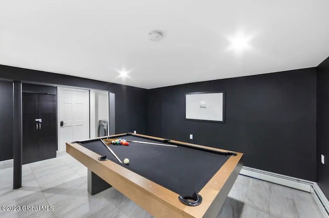 recreation room featuring washer / dryer and pool table